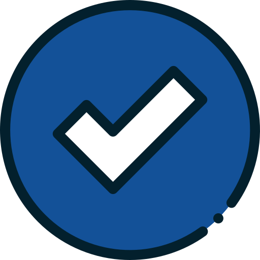 white tick on blue circle black outline